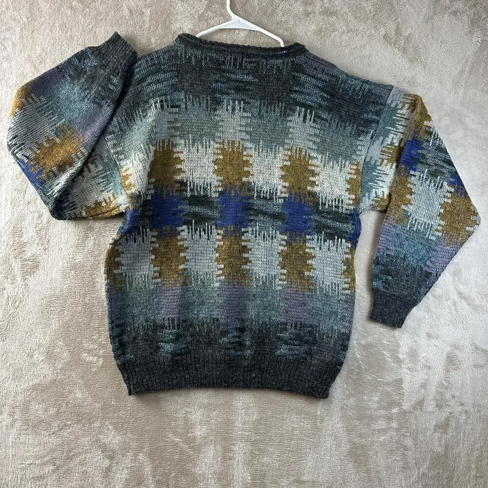 Vintage Oaktree Sweater Mens Medium Gray Geometric Crew Neck Knit Pullover 90s
